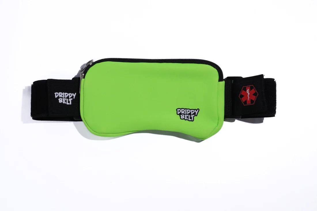 Drippy Belt in neon green with medical alert symbol